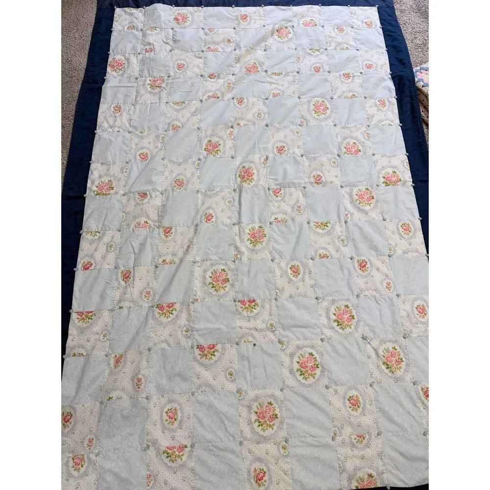 Vintage 1981 Handmade Floral Patchwork Tied Quilt Blue Pink 55x82